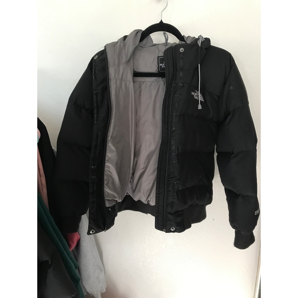 The North Face 550 Down Puffer Jacket Black Hooded Bomber Flawed - Picture 4 of 11